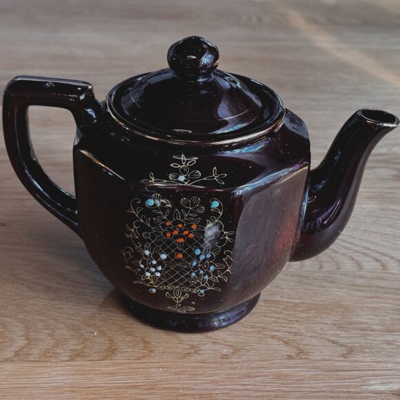 Moriage Style Ceramic Redware Teapot, Brown Flora, Vintage Pre-War Japan - Picture 6 of 16